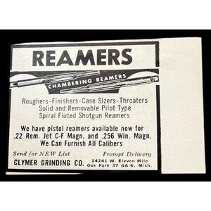 Clymer Grinding Co Mini Print Ad Vintage 1962 Chambering Pistol Reamers